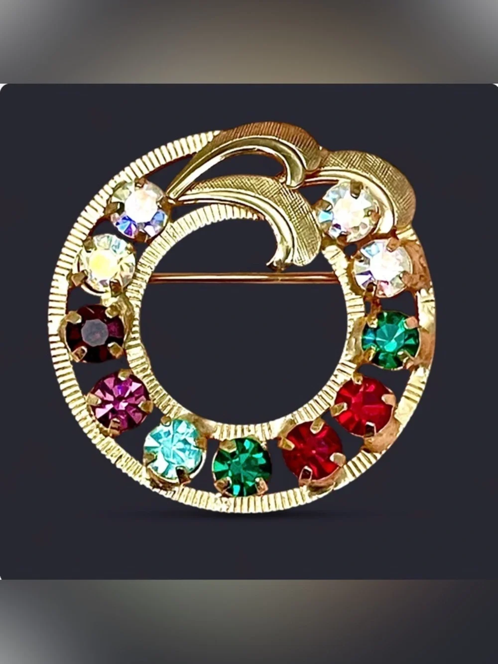 Vintage Gold Tone AB Rhinestone Wreath Circle Brooch Pin Multicolor Mid Century